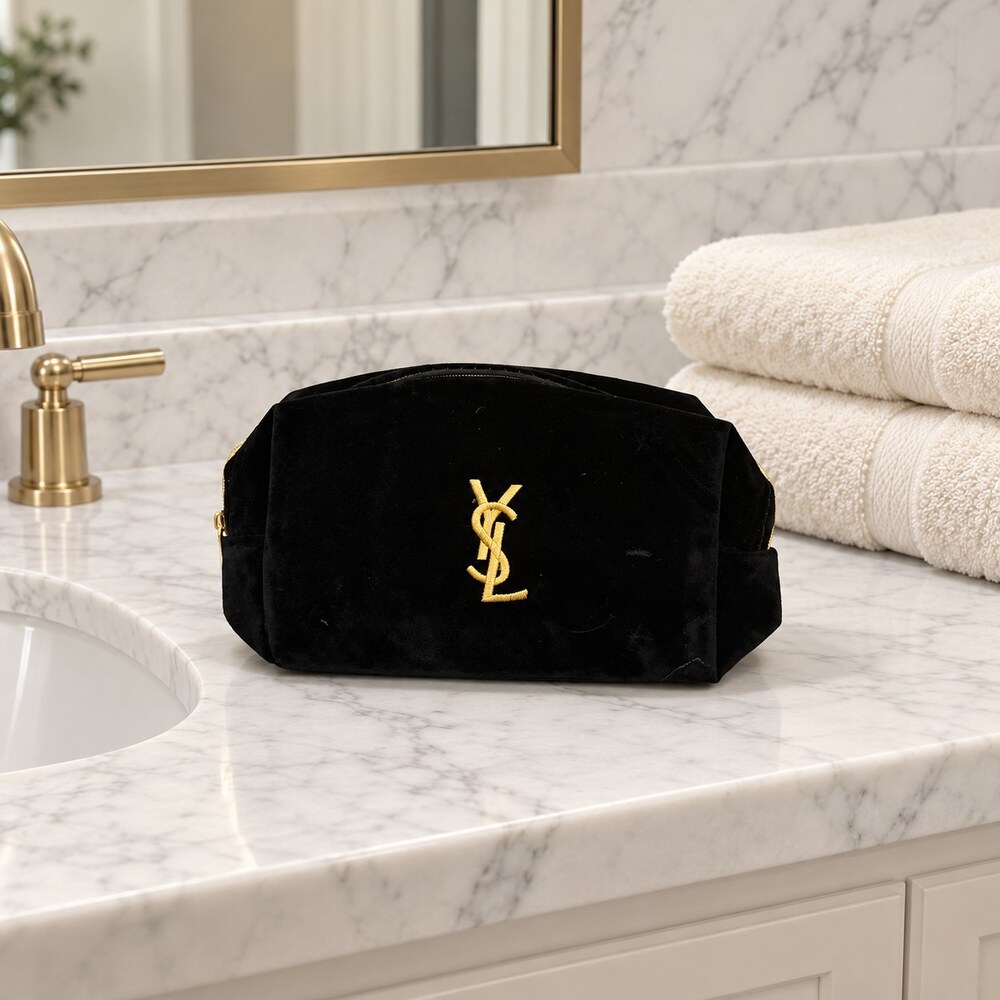 Yves Saint Laurent Black Velvet Makeup Bag | Gold-Tone YSL Logo